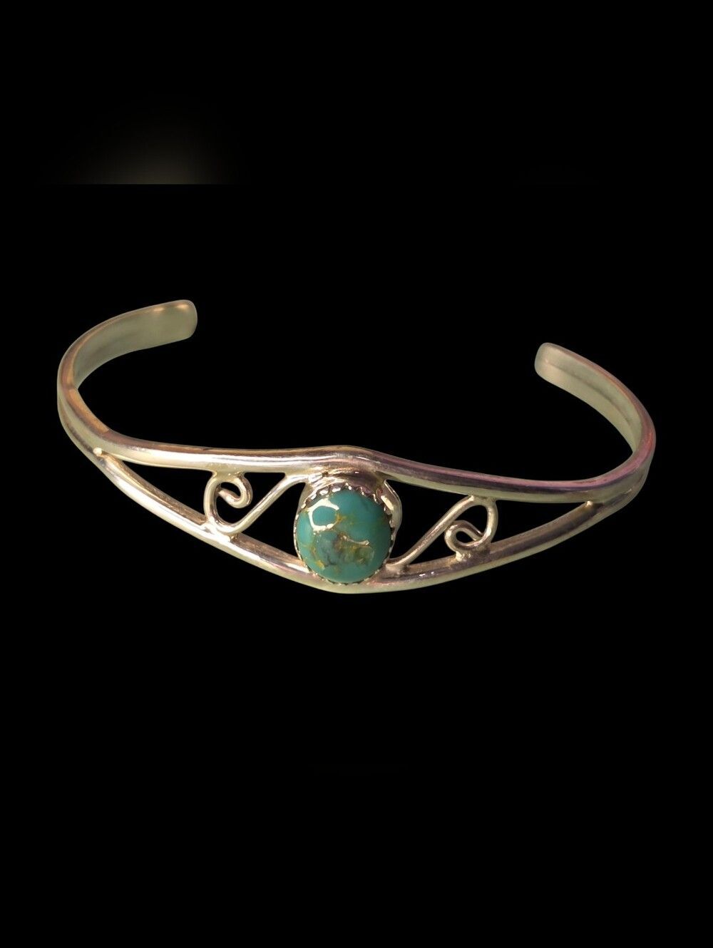 Signed TT Sterling Silver Scrollwork Turquoise Cuff Bracelet